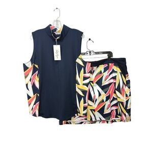 Lady Hagen Desert Getaway Retro Leaf Golf Set Sleeveless Polo Skort Navy XXL 18